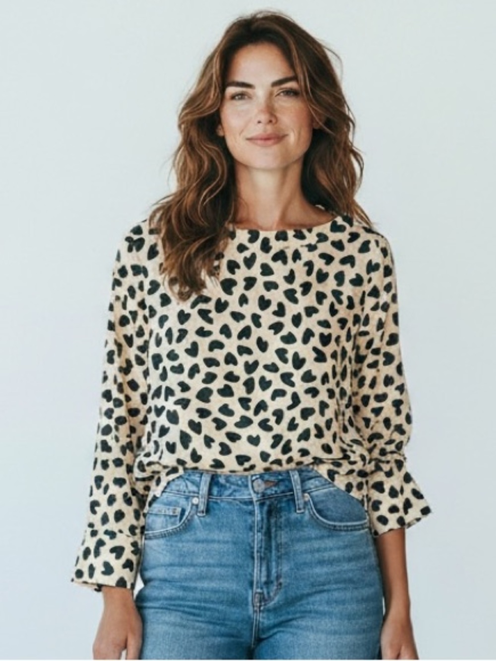 Ann Taylor Beige and Green Heart-Print Blouse